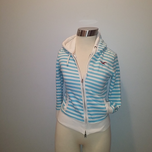 Hollister Jacket Hoodie Size Small Terry zip Pockets Blue/White Stripe - Picture 2 of 6